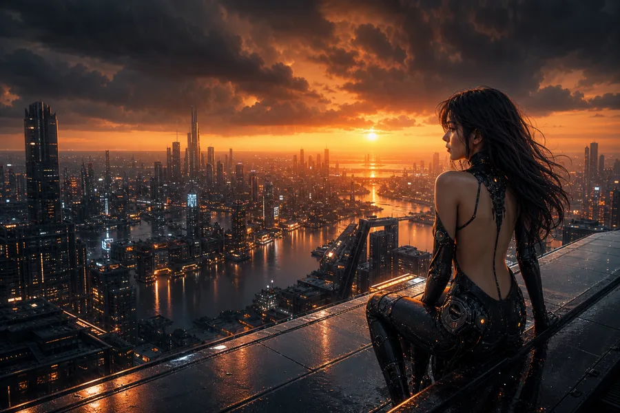 Futuristic Rooftop City View Ai-Girls Wallpaper 9 4K 3