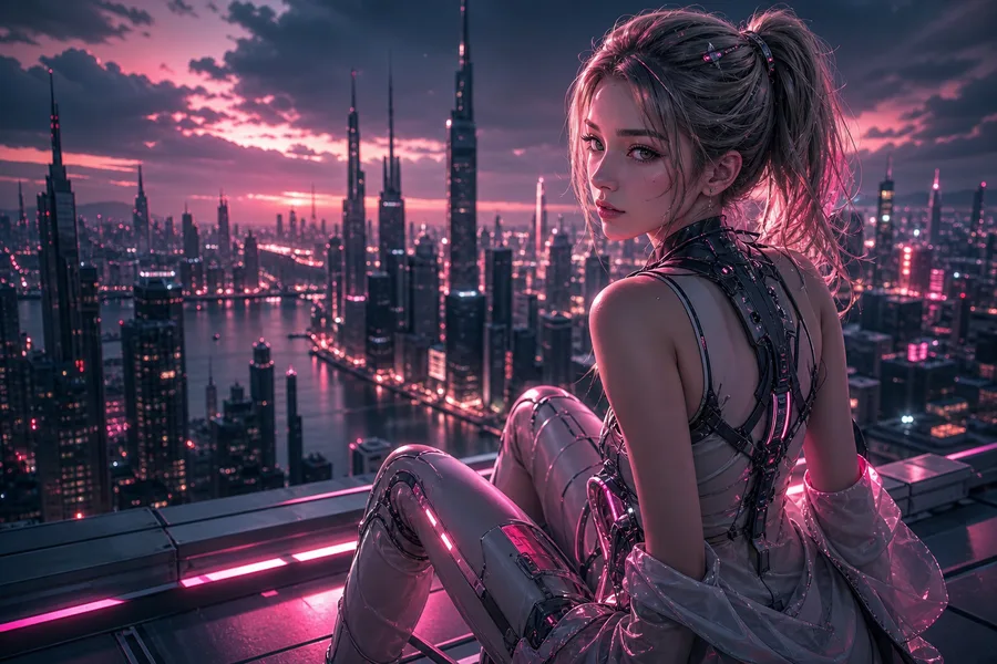 Futuristic Rooftop City View Ai-Girls Wallpaper 9 4K 4