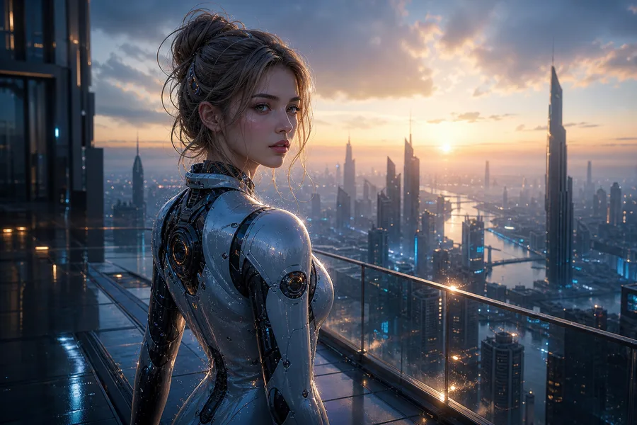 Futuristic Rooftop City View Ai-Girls Wallpaper 9 4K 6