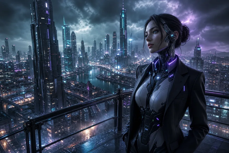 Futuristic Rooftop City View Female-Androids Wallpaper  9 4K