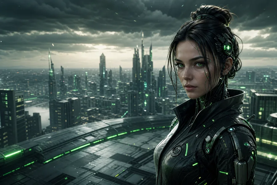 Futuristic Rooftop City View Female-Androids Wallpaper  9 4K