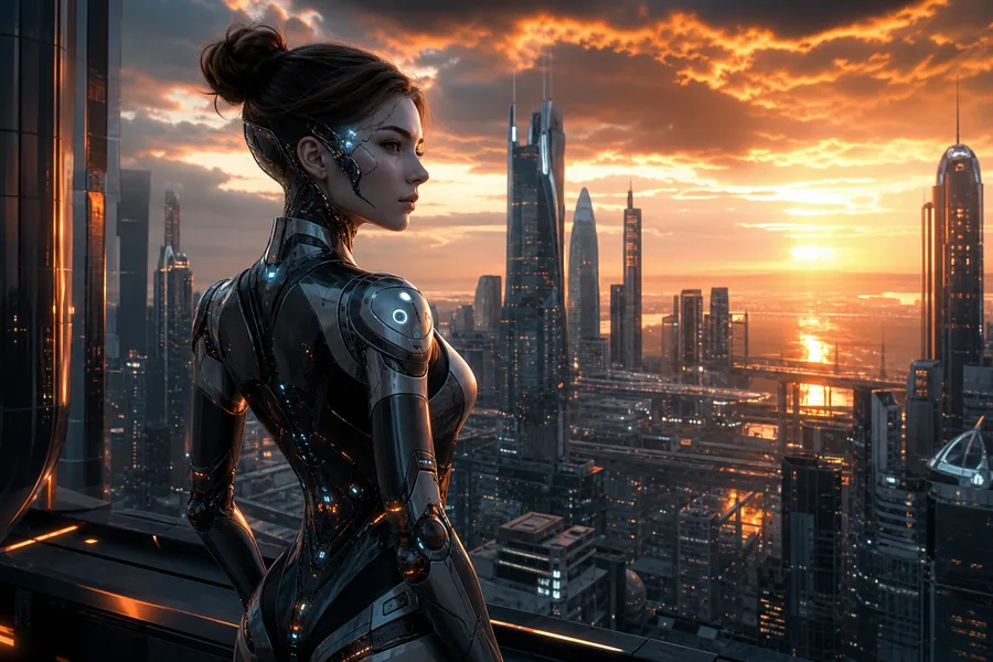 Futuristic Rooftop City View Female-Androids Wallpaper  9 4K
