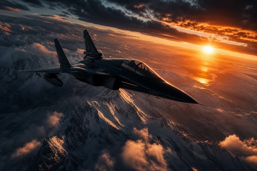 Modern Fighter Jet Above Snow Covered Mountains At Sunrise Airplanes Wallpaper 1 4K 16