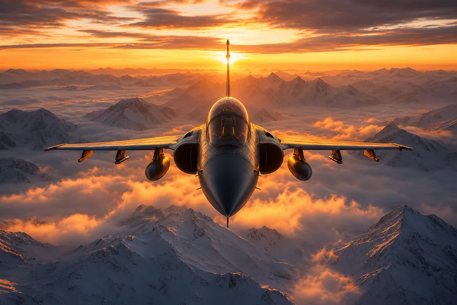 Modern Fighter Jet Above Snow Covered Mountains At Sunrise Airplanes Wallpaper  1 4K