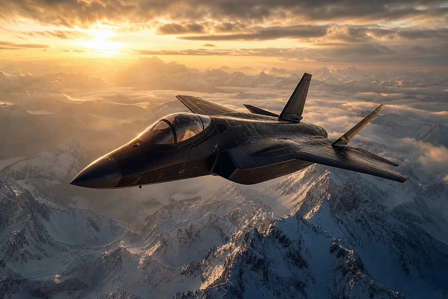Modern Fighter Jet Above Snow Covered Mountains At Sunrise Airplanes Wallpaper 1 4K 6