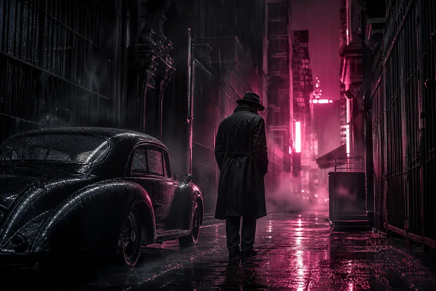 Mysterious Noir City Street With Rain And Dramatic Lighting Movie Wallpaper 4 4K 3