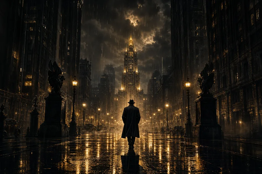 Mysterious Noir City Street With Rain And Dramatic Lighting Movie Wallpaper 4 4K 7