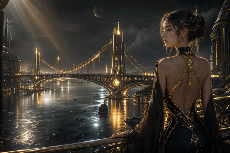 Neon Bridge Over Futuristic River Ai-Girls Wallpaper 11 4K 2