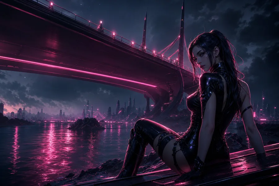 Neon Bridge Over Futuristic River Ai-Girls Wallpaper 11 4K 4