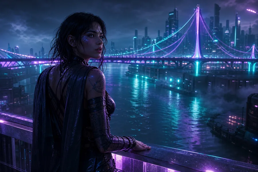 Neon Bridge Over Futuristic River Ai-Girls Wallpaper 11 4K 5
