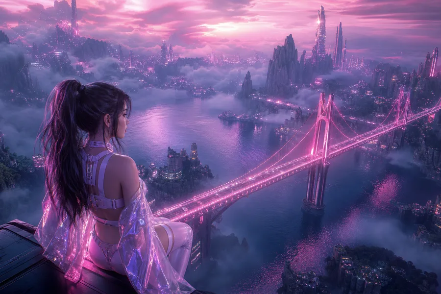 Neon Bridge Over Futuristic River Ai-Girls Wallpaper 11 4K 7