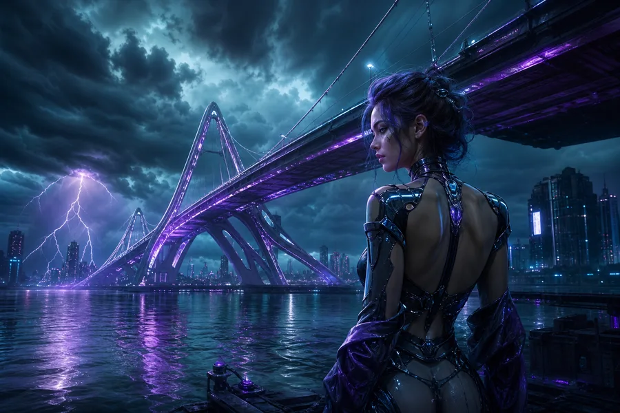 Neon Bridge Over Futuristic River Ai-Girls Wallpaper 11 4K