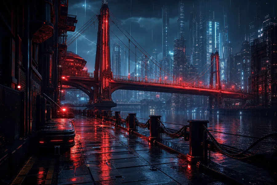 Neon Bridge Over Futuristic River Cyberpunk Wallpaper  11 4K