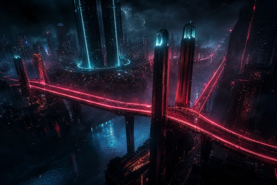 Neon Bridge Over Futuristic River Cyberpunk Wallpaper 11 4K 2