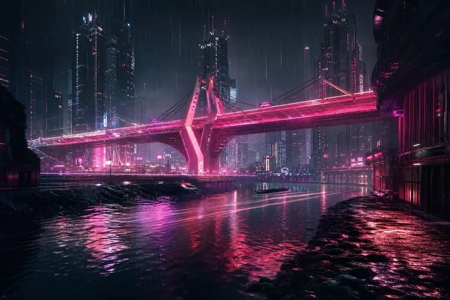 Neon Bridge Over Futuristic River Cyberpunk Wallpaper 11 4K 3
