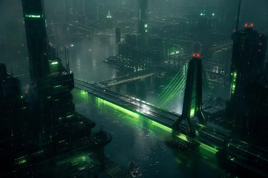 Neon Bridge Over Futuristic River Cyberpunk Wallpaper 11 4K 4