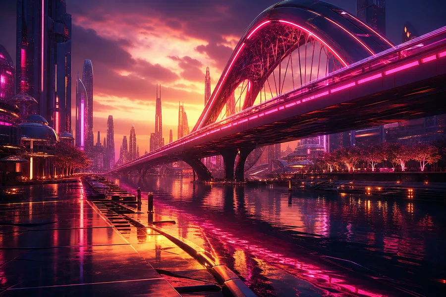 Neon Bridge Over Futuristic River Cyberpunk Wallpaper 11 4K 7