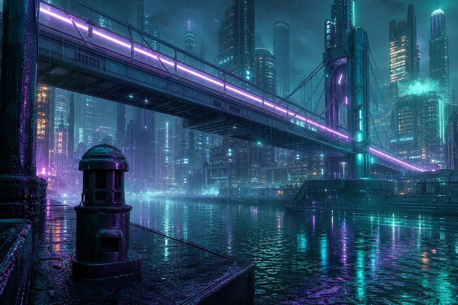 Neon Bridge Over Futuristic River Cyberpunk Wallpaper  11 4K