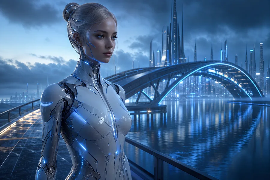 Neon Bridge Over Futuristic River Female-Androids Wallpaper  11 4K