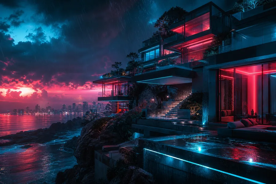 Neon Cyberpunk City In Rain Luxury-Villas Wallpaper 1 4K 2