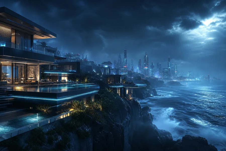 Neon Cyberpunk City In Rain Luxury-Villas Wallpaper 1 4K 3