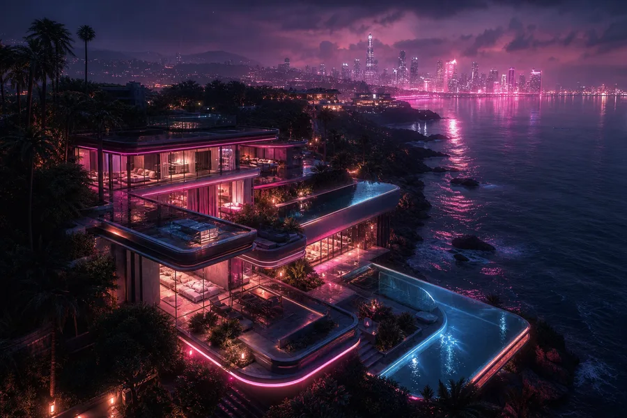 Neon Cyberpunk City In Rain Luxury-Villas Wallpaper 1 4K 5