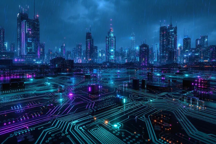 Neon Cyberpunk City In Rain Pcb-Design Wallpaper  1 4K
