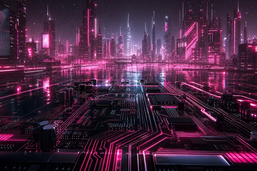 Neon Cyberpunk City In Rain Pcb-Design Wallpaper 1 4K 2