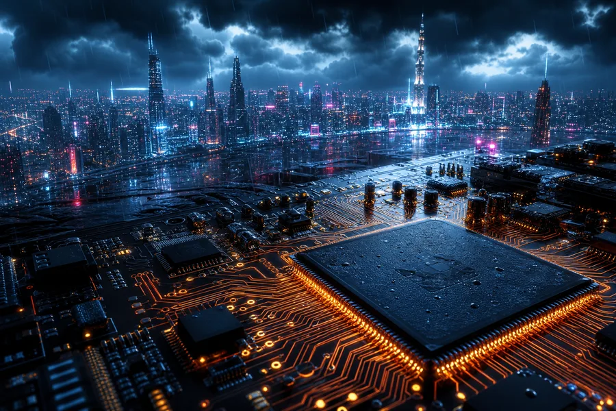 Neon Cyberpunk City In Rain Pcb-Design Wallpaper 1 4K 4