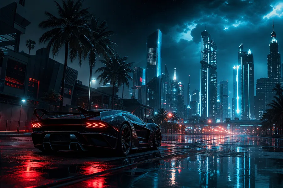 Neon Cyberpunk City In Rain Supercars Wallpaper 1 4K 3