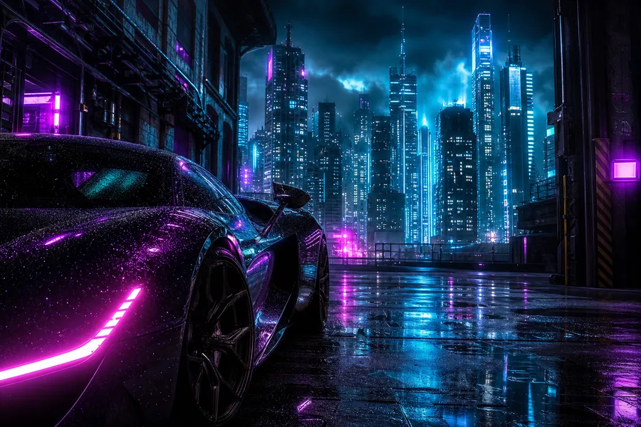 Neon Cyberpunk City In Rain Supercars Wallpaper 1 4K 7