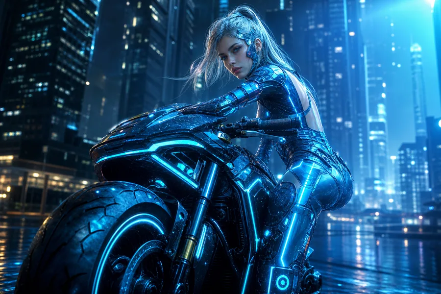 Neon Motorcycle In Cyberpunk City Ai-Girls Wallpaper 7 4K 2