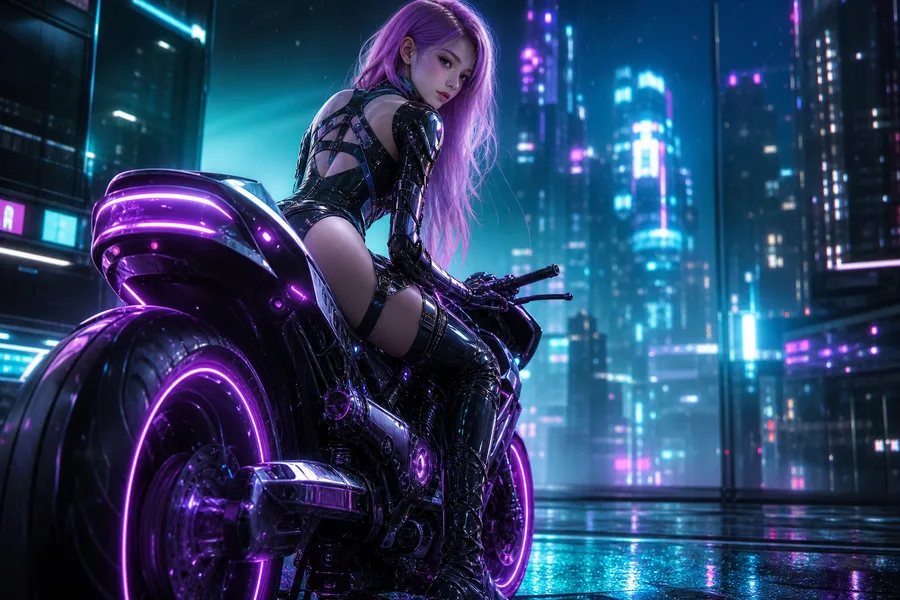 Neon Motorcycle In Cyberpunk City Ai-Girls Wallpaper 7 4K 3