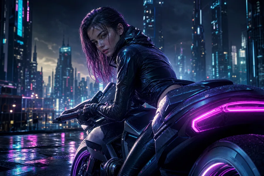 Neon Motorcycle In Cyberpunk City Ai-Girls Wallpaper 7 4K 7
