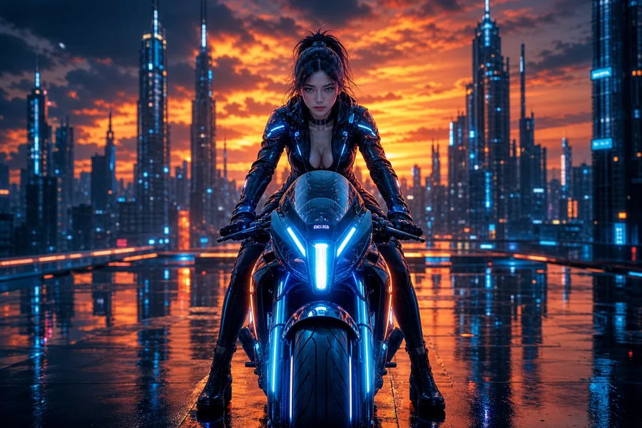 Neon Motorcycle In Cyberpunk City Ai-Girls Wallpaper 7 4K