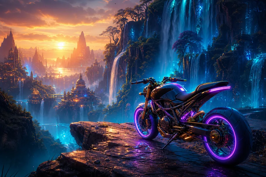 Neon Motorcycle In Cyberpunk City Fantasy Wallpaper 7 4K 4