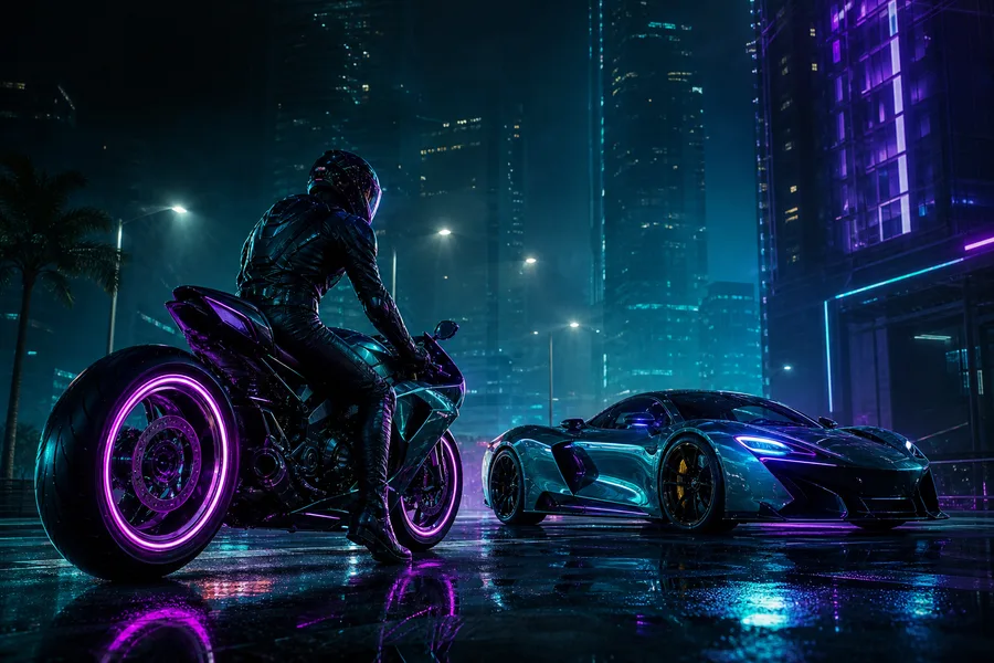 Neon Motorcycle In Cyberpunk City Supercars Wallpaper  7 4K