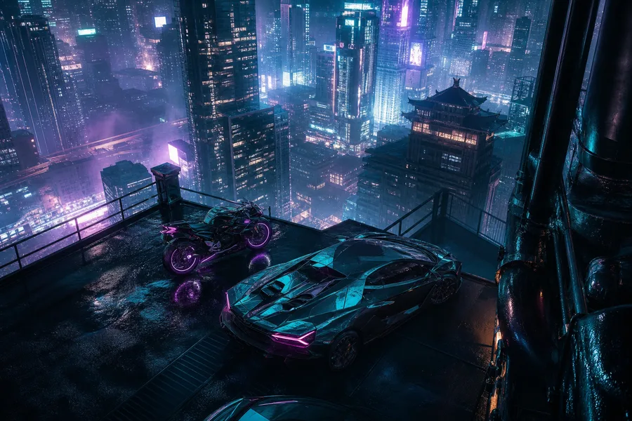 Neon Motorcycle In Cyberpunk City Supercars Wallpaper  7 4K