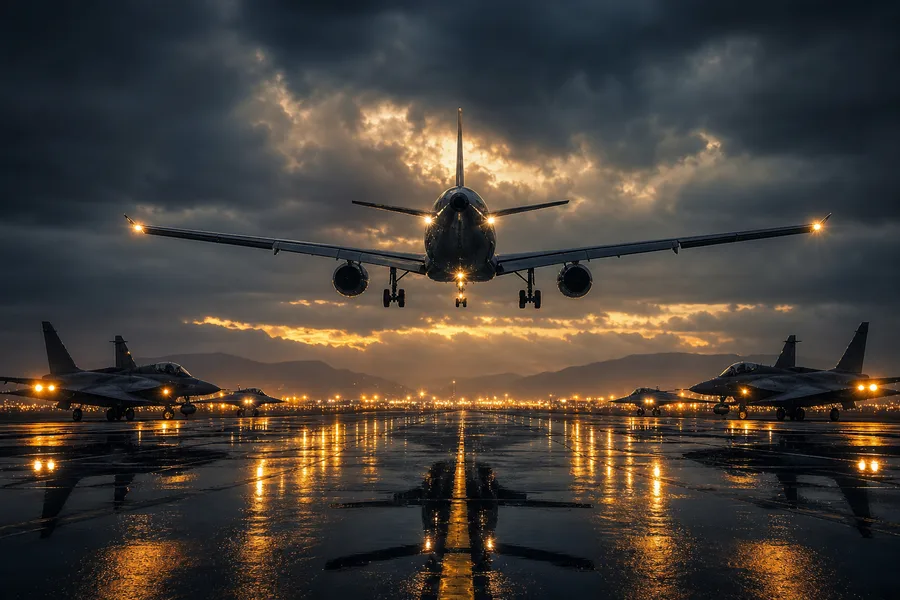 Passenger Aircraft Landing In Rainy Airport Lights Airplanes Wallpaper 8 4K 5