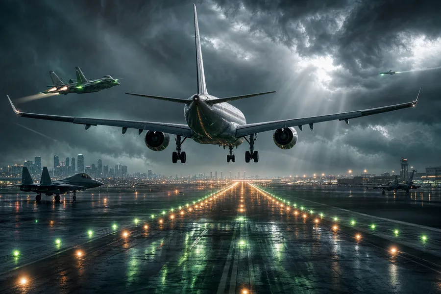 Passenger Aircraft Landing In Rainy Airport Lights Airplanes Wallpaper 8 4K 6