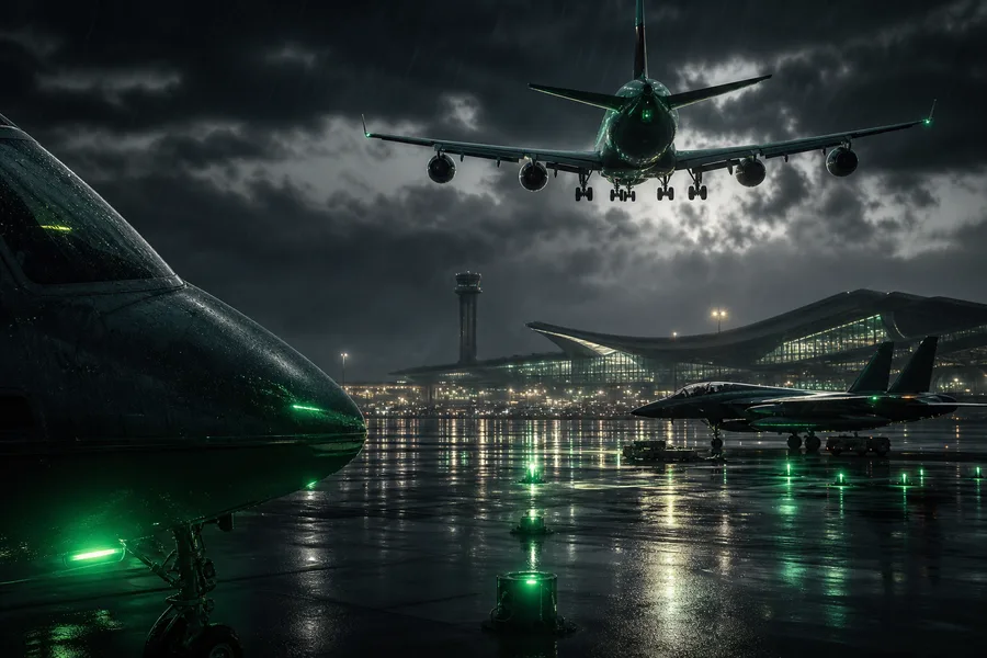 Passenger Aircraft Landing In Rainy Airport Lights Airplanes Wallpaper 8 4K