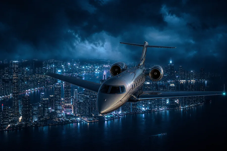 Private Jet Flying Above Night City Skyline Airplanes Wallpaper 4 4K