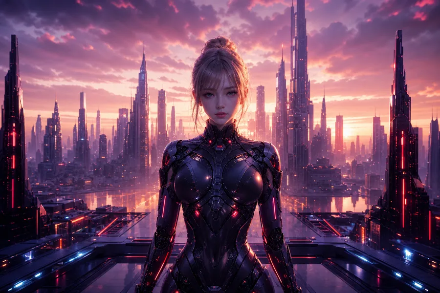 Purple Futuristic Megacity Skyline Ai-Girls Wallpaper 6 4K 2