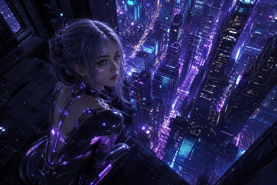 Purple Futuristic Megacity Skyline Ai-Girls Wallpaper 6 4K
