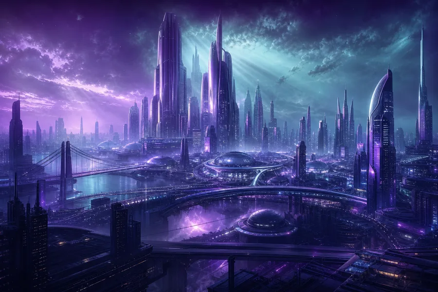 Purple Futuristic Megacity Skyline Architecture Wallpaper 6 4K 3