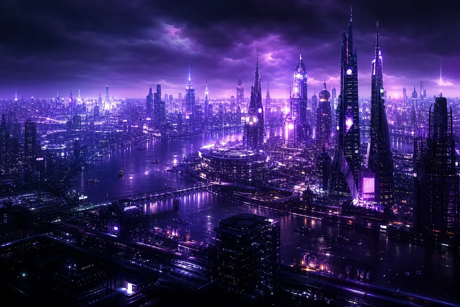 Purple Futuristic Megacity Skyline Cyberpunk Wallpaper 6 4K 10