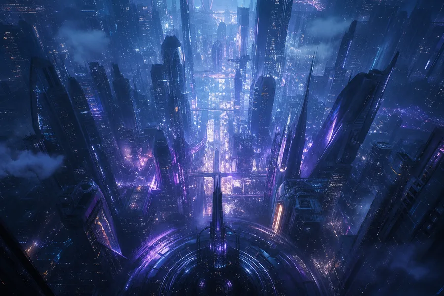 Purple Futuristic Megacity Skyline Cyberpunk Wallpaper 6 4K 11