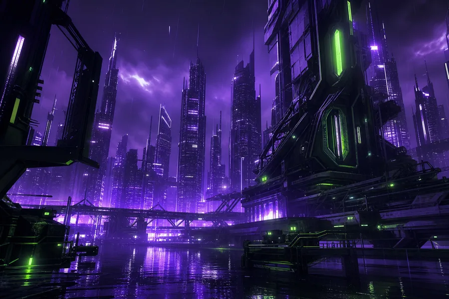 Purple Futuristic Megacity Skyline Cyberpunk Wallpaper 6 4K 3