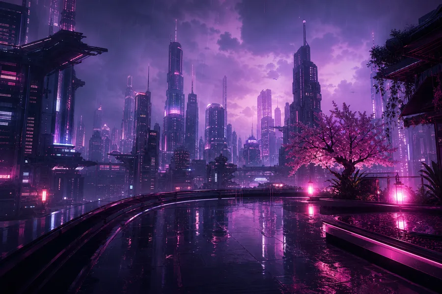 Purple Futuristic Megacity Skyline Cyberpunk Wallpaper 6 4K 6