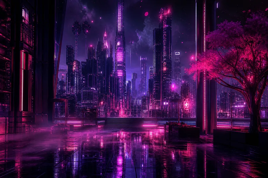 Purple Futuristic Megacity Skyline Cyberpunk Wallpaper 6 4K 8